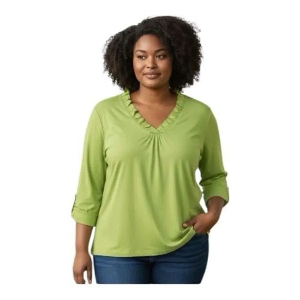 Women Plus Size 2X Long Sleeve Knit Top Green Ruffle Stretch Casual Pullover